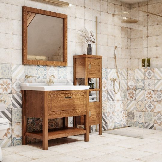 SIKO Rustikálí koupelna na chatu a chalupu, retro rustikální obklad, masivní koupelnový nábytek, zrcadlo v dřevěném rámu, volně stojící wc