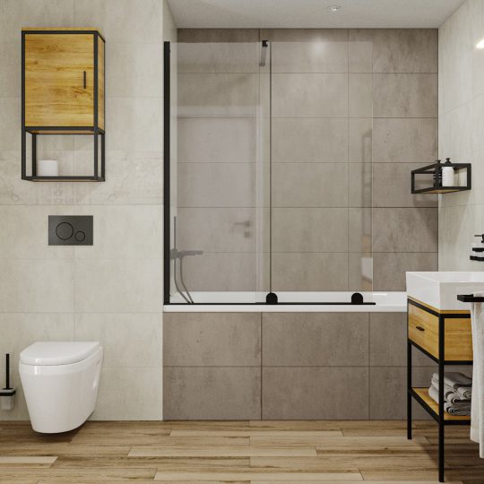 SIKO Vaňová zástena v industriálne ladenej kúpeľni, minimalistický nábytok na chaty a chalupy, kúpeľňové regály s čiernym kovovým rámom