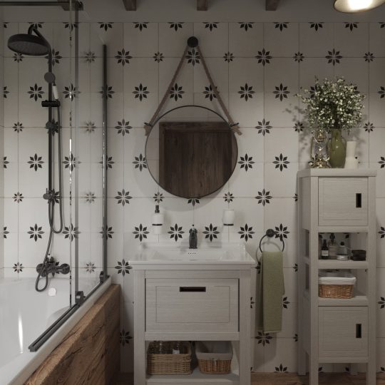 SIKO bílý rustikální nábytek do koupelny na chatu a chalupu, kulaté zrcadlo na řemenu, obklad s retro vzorem, dřevěná podlaha, vanová zástěn