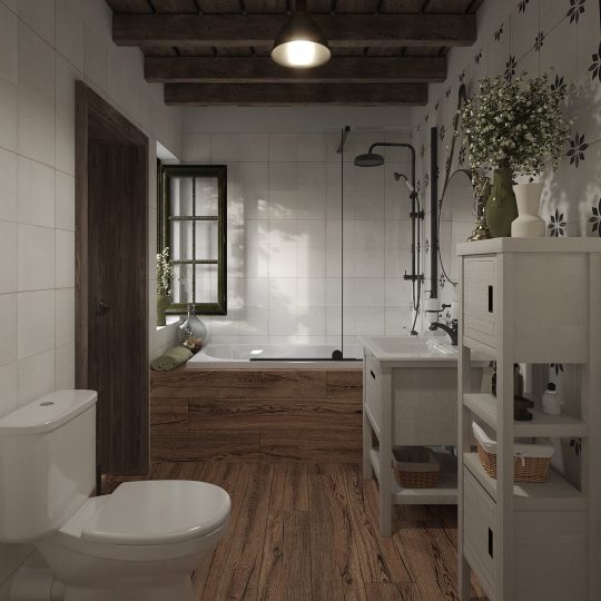 SIKO chalupářská koupelna s vanou se zástěnou, rustikální bílý nábytek, volně stojící wc, dřevěná podlaha, bílý obklad