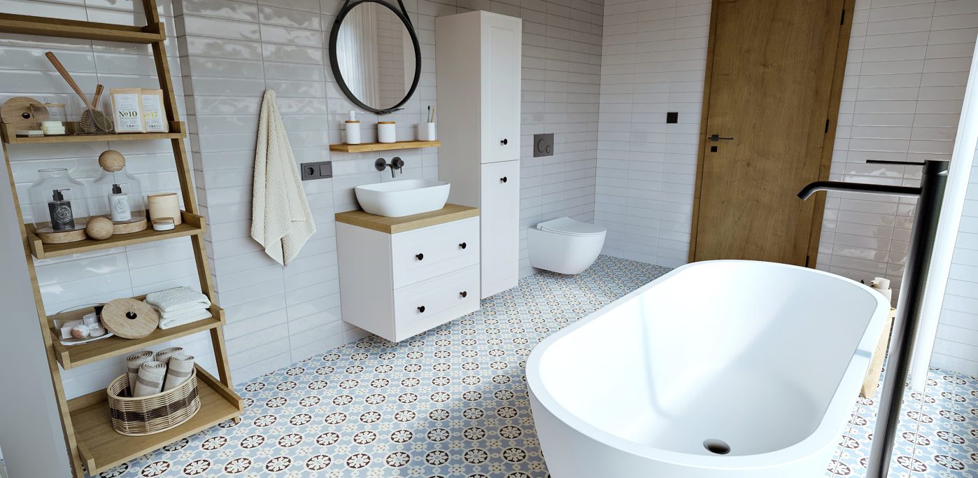 SIKO 2 Podkrovná kúpeľňa v svetlom prevedení v škandinávskom štýle, voľne stojaca vaňa, drevené regály, okrúhle zrkadlo na remeni, retro dlažba