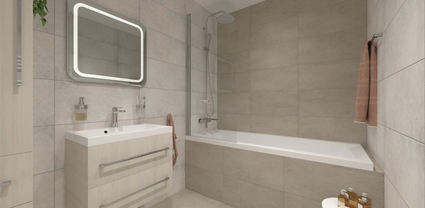 SIKO 3 Vizualizace panelákové koupelny s vanou a vanovou zástěnou. závěsná skříňka s umyvadlem, zrcadlo s LED osvětlením, šedé obklady a dlažba