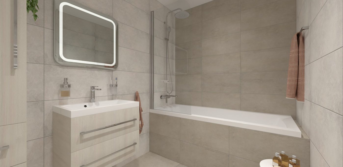 SIKO 3 Vizualizácia panelákovej kúpeľne s vaňou a vaňovou zástenou. závesná skrinka s umývadlom, zrkadlo s LED osvetlením, šedé obklady a dlažba