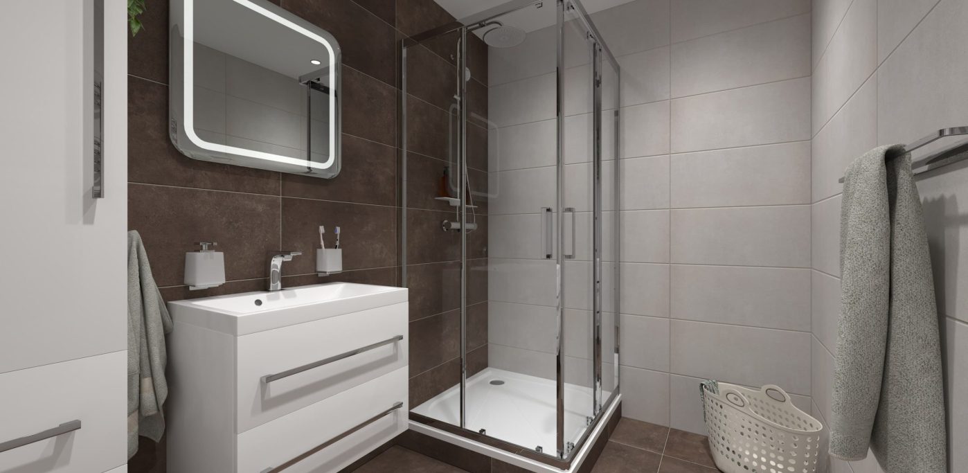 SIKO 4 Vizualizácia panelákovej kúpeľne so sprchovým kútom a chrómovými profilmi, závesná biela skrinka pod umývadlo, zrkadlo s LED osvetlením