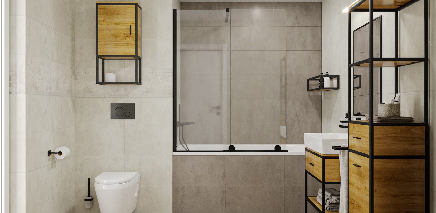 SIKO Kúpeľňa s obmurovanou vaňou, vaňovou zástenou, moderný regálový nábytok, čierne batérie, šedé obklady a drevená podlaha