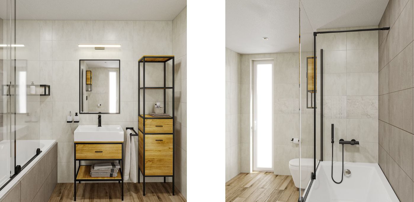 SIKO Malá koupelna, obezděná vana, regálový nábytek s černými profily, dřevěnými dvířky. Dřevěná podlaha, černá umyvadlová a vanová baterie. (2)