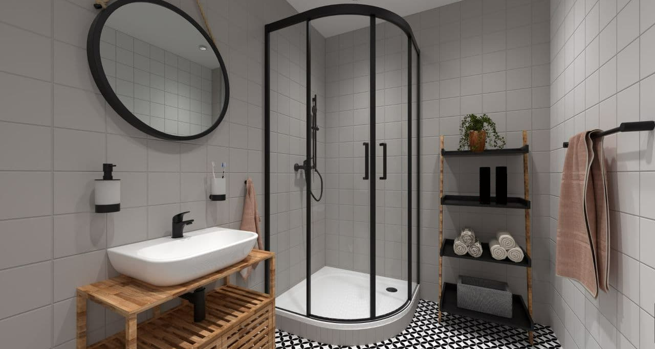 SIKO Moderná paneláková kúpeľňa po rekonštrukcii, patchworková dlažba, sprchový kút s čiernymi profilmi, drevený kúpeľňový nábytok