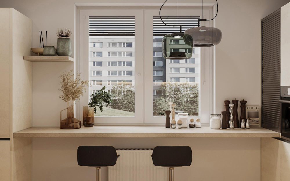 SIKO Originální řešení jídelního stolu v paneláku - umístění pod okno vytvoří nové místo, barové židle zasunete pod pult