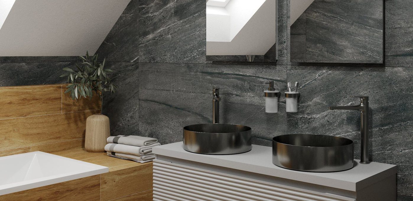 SIKO Podkrovná kúpeľňa v kombinácii drevo a kameň, závesná umývadlová skrinka s 3D štruktúrou a dvoma umývadlami, zrkadlo s LED osvetlením