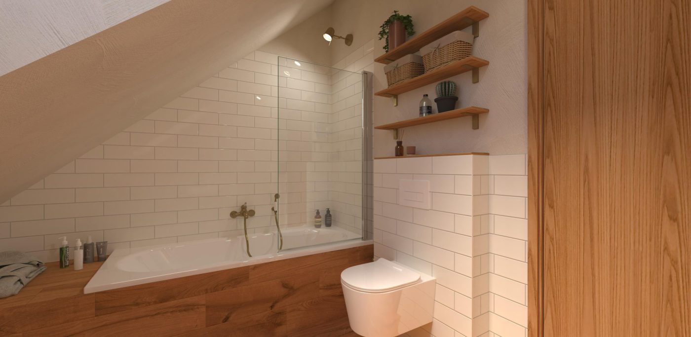 SIKO Podkrovní koupelna s vanou a vanovou zástěnou, červěné poličky, bílé a dřevěné obklady, závěsné WC.