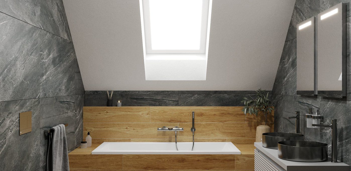 SIKO Podkrovní koupelna v kombinaci dřevo a kámen, obezděná vana, moderní šedý koupelnový nábytek, závěsné WC