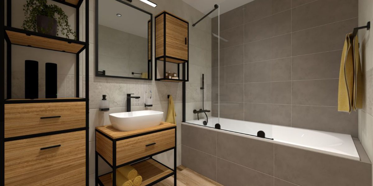 SIKO TIT Paneláková kúpeľňa, moderný design, drevené regály s čiernou konštrukciou, šedý obklad, obmurovaná vaňa, posuvná vaňová zástena