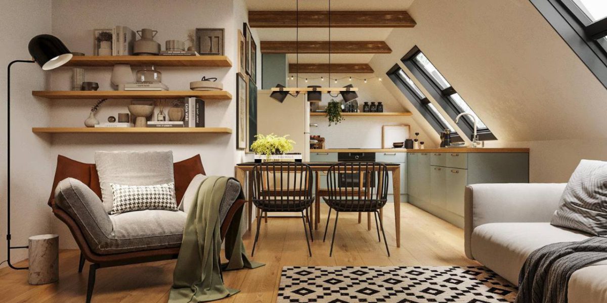 SIKO TIT Podkrovní útulná kuchyně s obývákem v moderním provedení, černobílý koberec, retro vybavení, dřevěná podlaha, přiznané stropní trámy