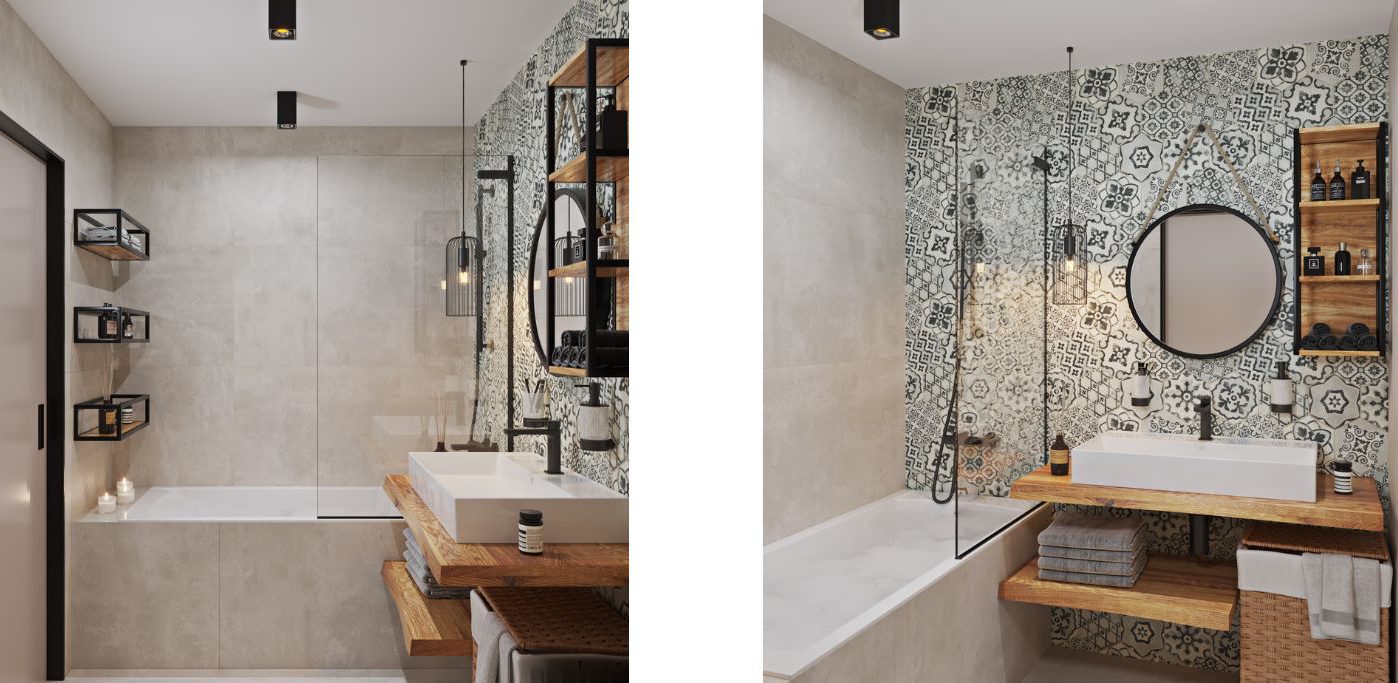 SIKO Vaňová zástena v malej kúpeľni s obmurovanou vaňou, retro obklady, závesná regálová polica, moderné okrúhle zrkadlo a široké umývadlo na dosku. 2