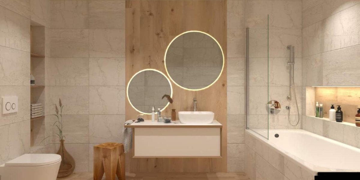 SIKO Veľká kúpeľňa, mramorový obklad, drevená dlažba, obmurovaná vaňa s vaňovou zástenou, osvetlená nika, veľké okrúhle podsvietené zrkadlá