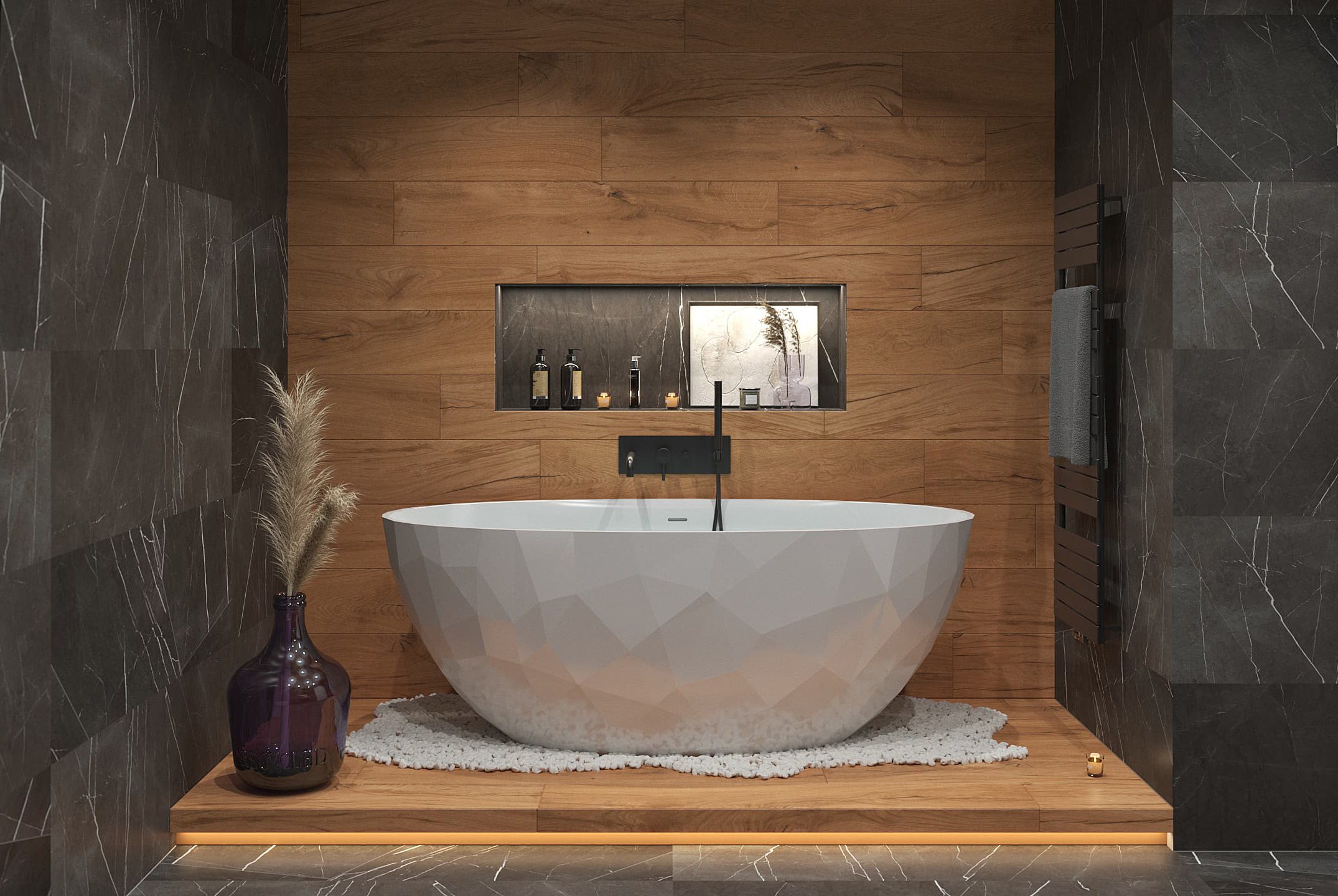 SIKO Volně stojící vana s originálním povrchem, dřevěná podlaha a dřevěný obklad, kamenný obklad, nika v koupelně, černá vanová baterie