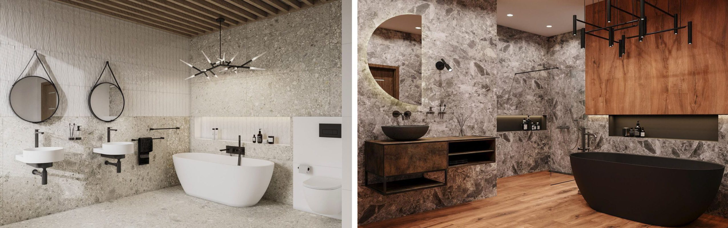 SIKO Volně stojící vana ve velké koupelně, černá matná vana, dřevo v koupelně, kamenná koupelna