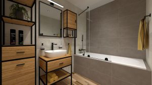 SIKO cover 1 Paneláková koupelna, moderní design, dřevěné regály s černou konstrukcí, šedý obklad, obezděná vana, posuvná vanová zástěna
