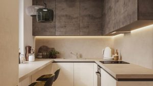 SIKO_COVER_paneláková moderní kuchyně do L, pískově bílé spodní skříňky, kamenný design horních skříněk, skříňky ke stropu, podsvícené horní skříňky