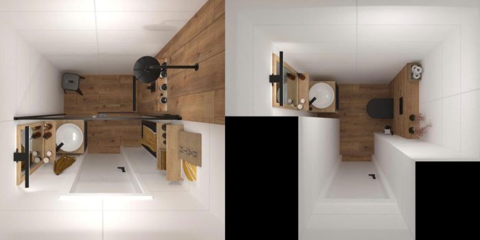 SIKO Grafické návrhy kúpeľne Báry Mottlovej. Inšpirácia na riešenie malej kúpeľne so sprchovacím kútom a záchodu s umývadlom.