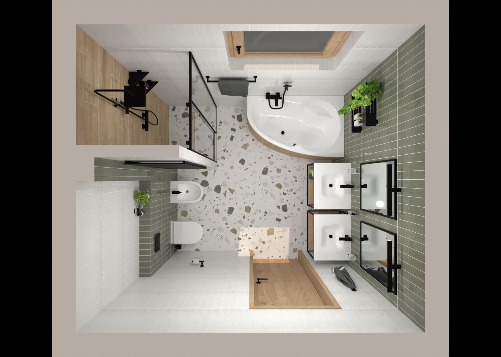 SIKO Grafický návrh kúpeľne s vaňou a sprchovacím kútom, pohľad zhora pre dokonalú predstavu o rozmiestnení zariaďovacích predmetov.