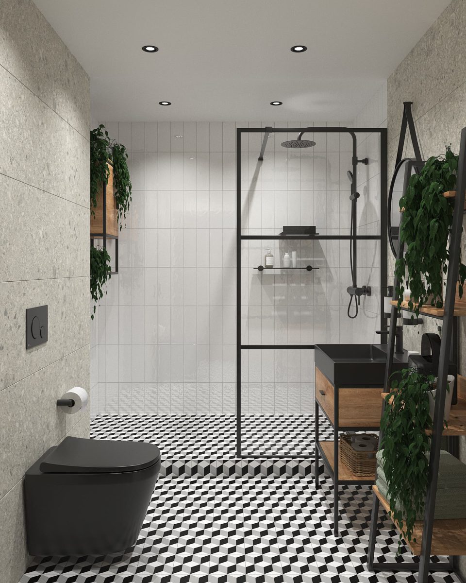 SIKO Malá moderná kúpeľňa, kúpeľňové regály v čiernej a drevodekore, čierne WC, sprchovací kút walk in, čierne kúpeľňové batérie, originálna dlažba