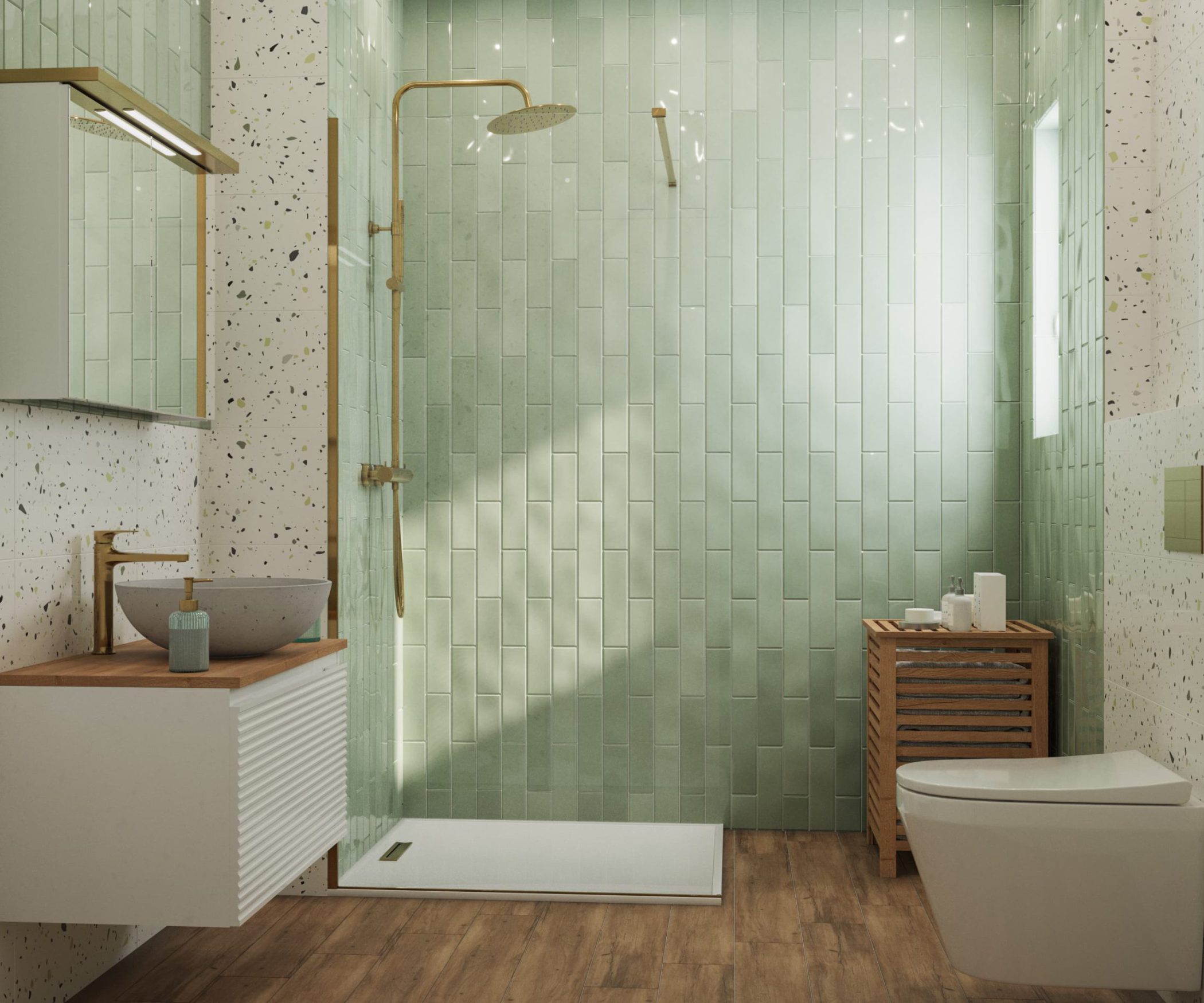 SIKO Moderná kúpeľňa s terrazzom a tyrkysovým obkladom, zlaté doplnky, zlatá umývadlová batéria, biely a drevený kúpeľňový nábytok, sprchovací kút