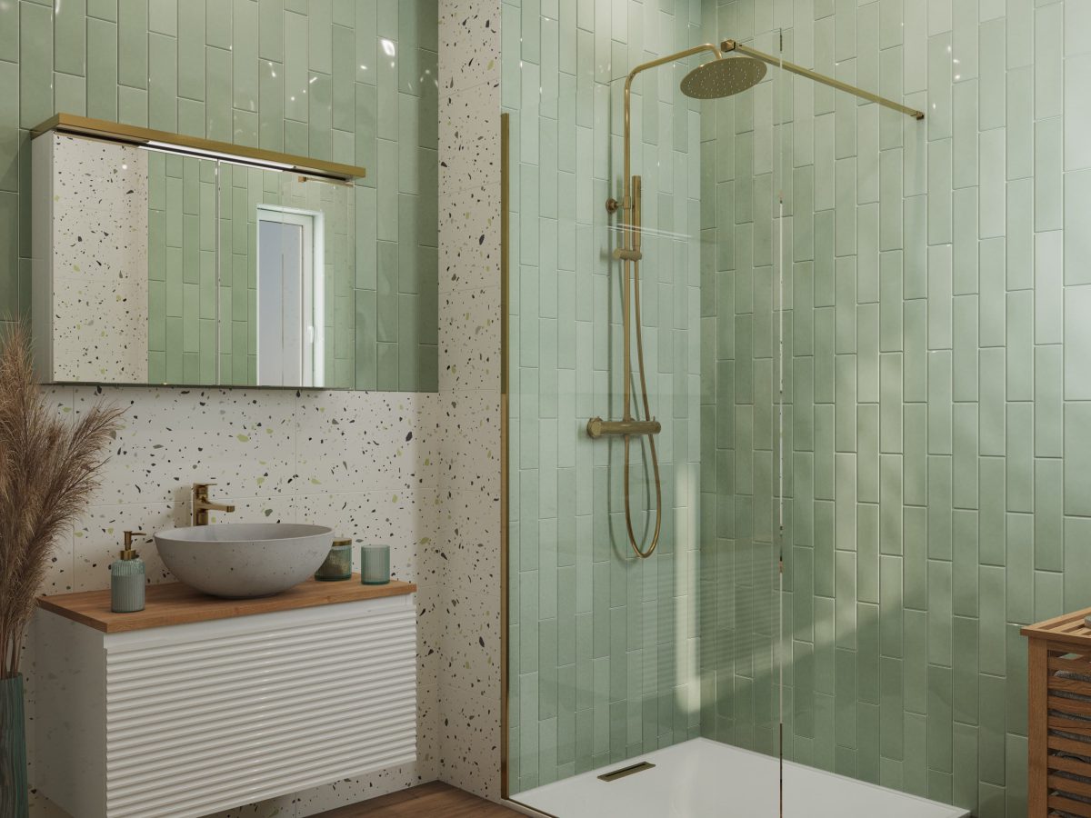 SIKO Moderná kúpeľňa terrazzo a tyrkysový obklad, sprchovací kút, závesná skrinka s 3D dekorom, umývadlo na dosku, zrkadlová galerka s osvetlením