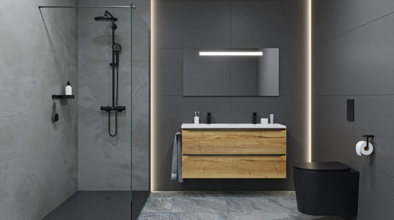 SIKO Moderná kúpeľňa v šedom odtieni s čiernym závesným WC, závesnou umývadlovou skrinkou, Walk-in sprchovacím kútom a šedou stierkou na stene