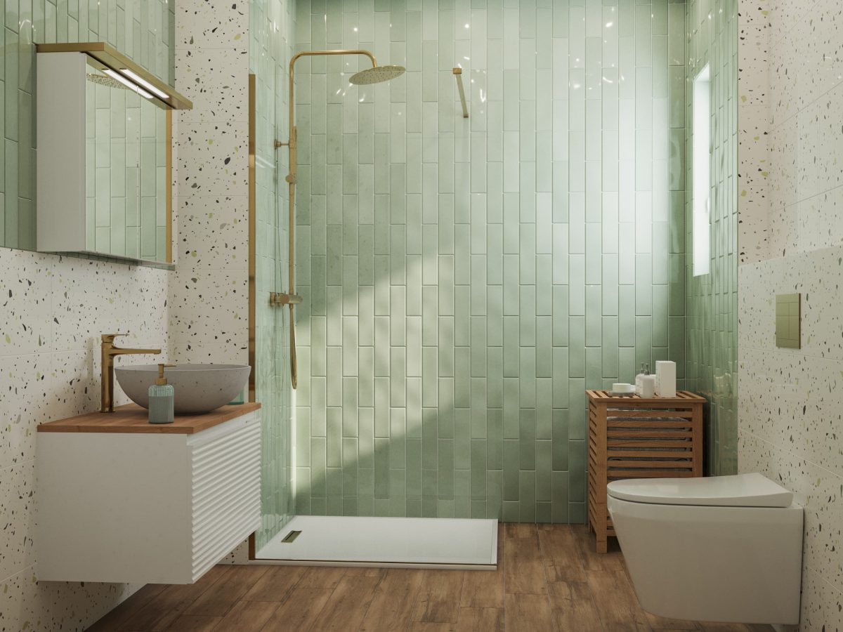 SIKO Moderní koupelna s terrazzem a tyrkysovým obkladem, zlaté doplňky, zlatá umyvadlová baterie, bílý a dřevěný koupelnový nábytek, sprchový kout