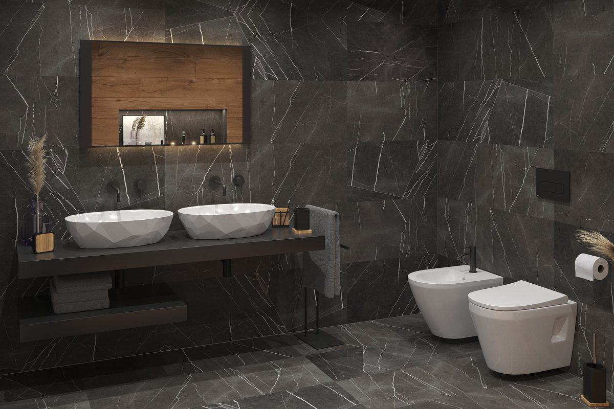 SIKO Moderní koupelna v tmavé barvě, obkladové panely do koupelny v designu tmavého kamene a mramoru, závěsné WC a bidet, trendy umyvadla na desk