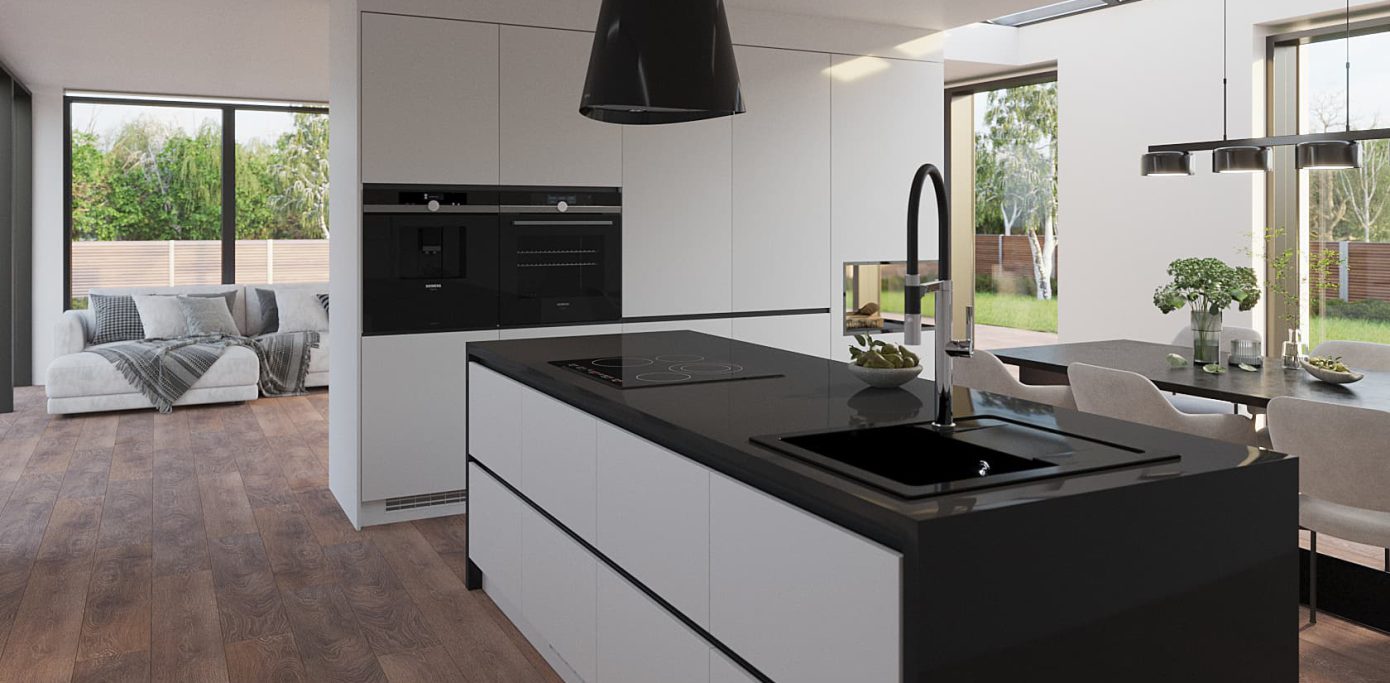 SIKO čiernobiela moderná kuchyňa s ostrovčekom, kuchyňa s obývačkou, veľká kuchyňa s lesklým povrchom, čierny kuchynský drez