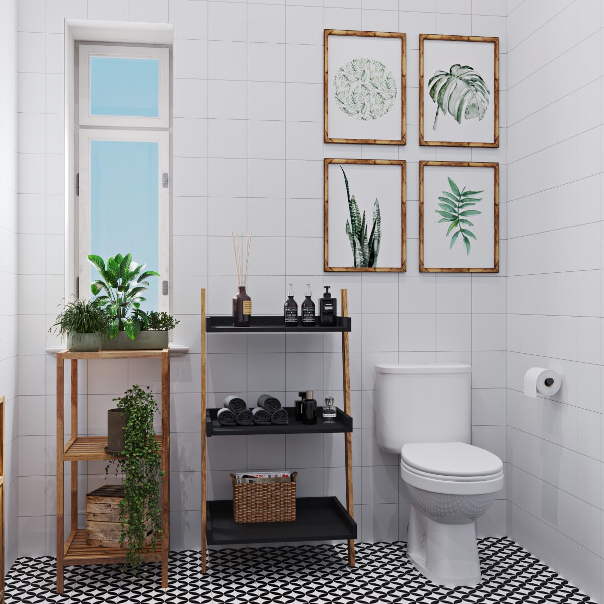 SIKO kombi WC, koupelnový regál s černými policemi, dřevěný regál, černobílá dlažba, bílé obklady, květiny v koupelně, vzdušný prostor v koupelně