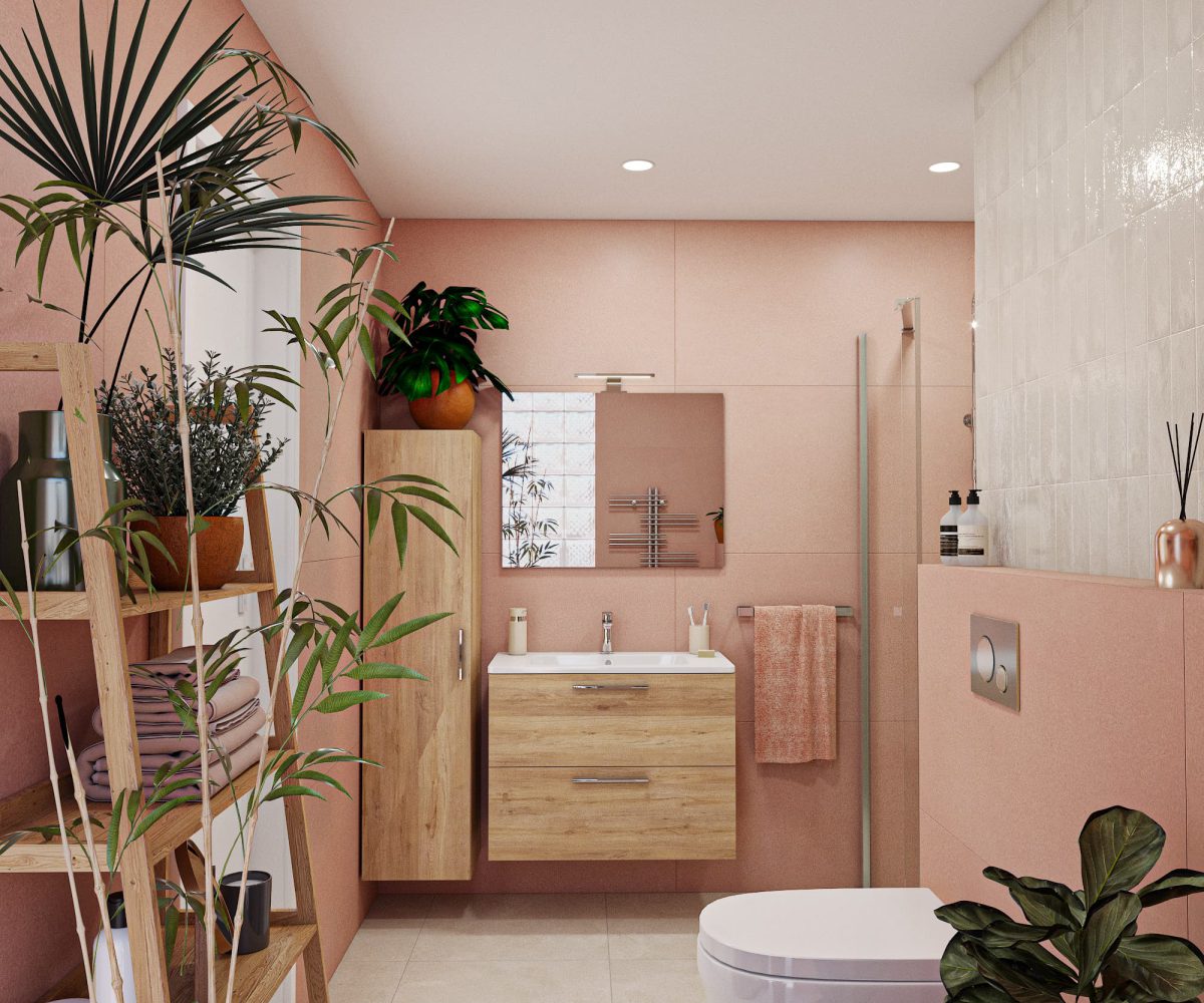 SIKO moderná kúpeľňa pre singles, ružový obklad, kvety v kúpeľni, kúpeľňový nábytok v drevodekore, regál v kúpeľni