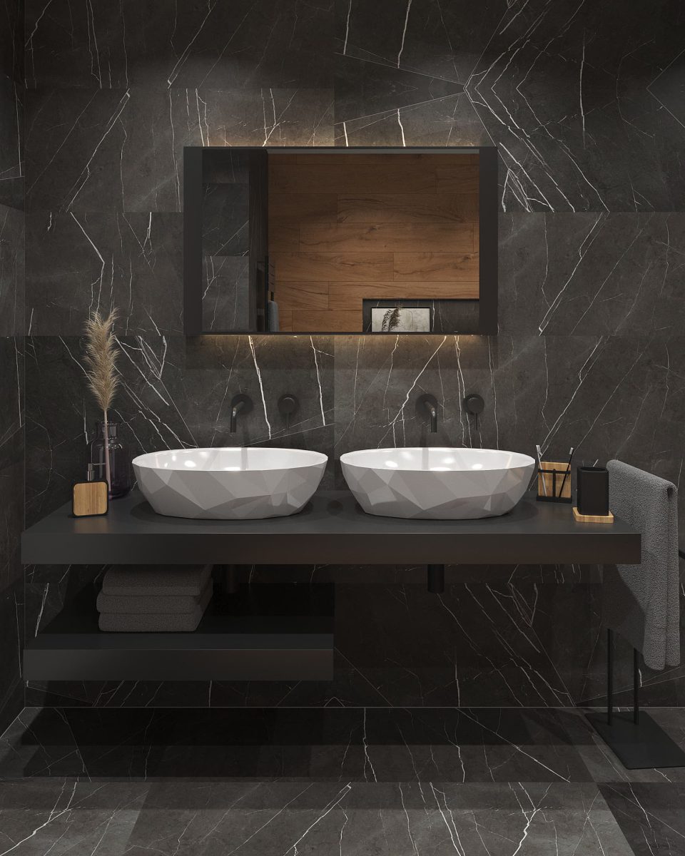 SIKO trendy obkladové panely v dizajne tmavý kameň a mramor pre kúpeľňu v luxusnom dizajne s originálnym umývadlom na dosku.