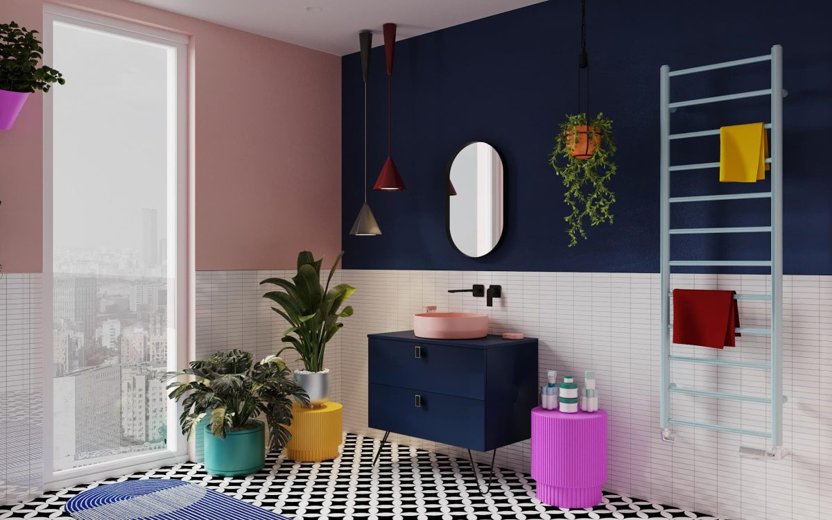 SIKO Avantgardní barevná koupelna, výrazné barvy, tmavěmodrá stěna, barevný nábytek, barevné umyvadlo, barevný radiátor do koupelny,