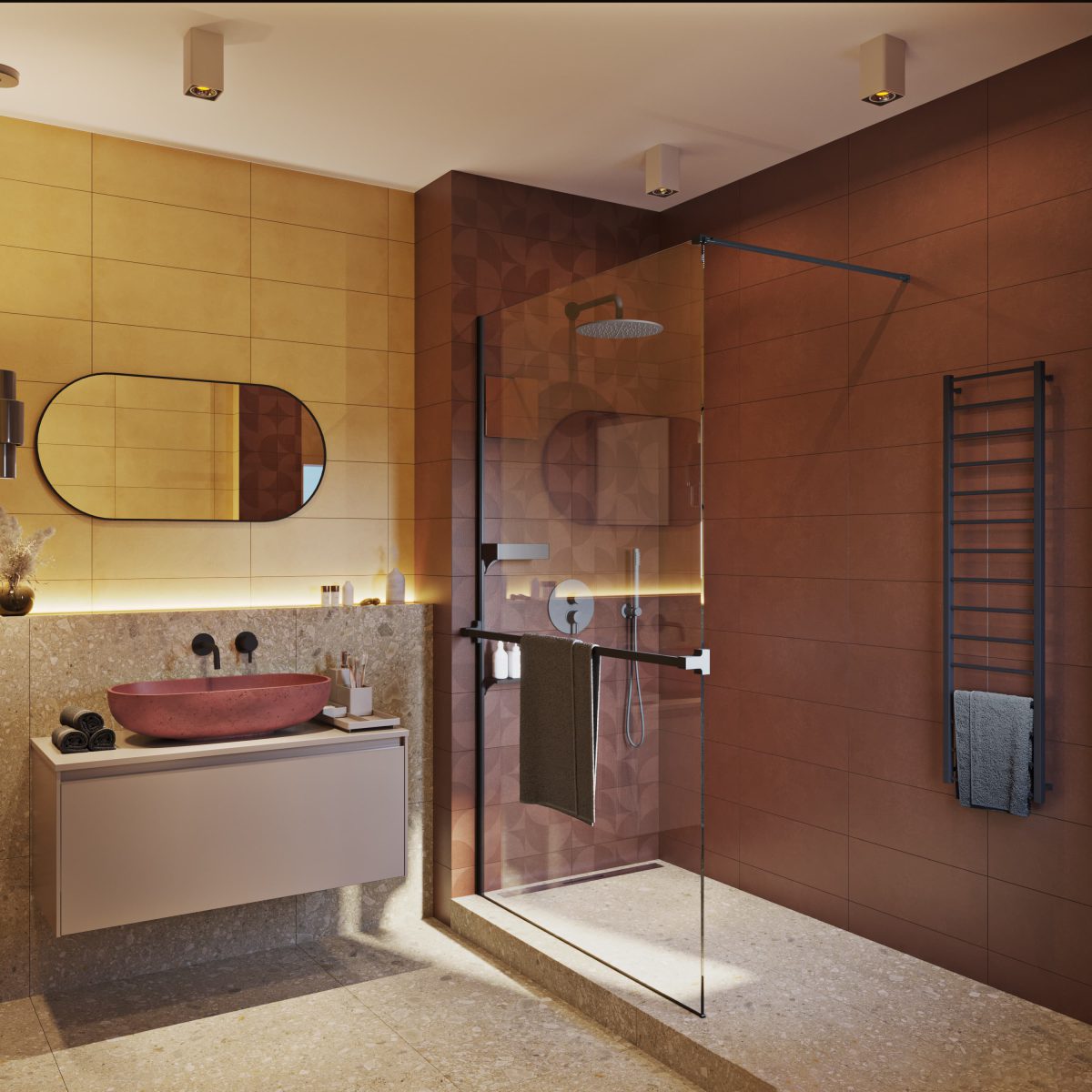SIKO Barevná koupelna, hořčicově žlutý obklad, červený obklad, hrubé terrazzo, kamenná dlažba, sprchový kout walk-in, topný žebřík