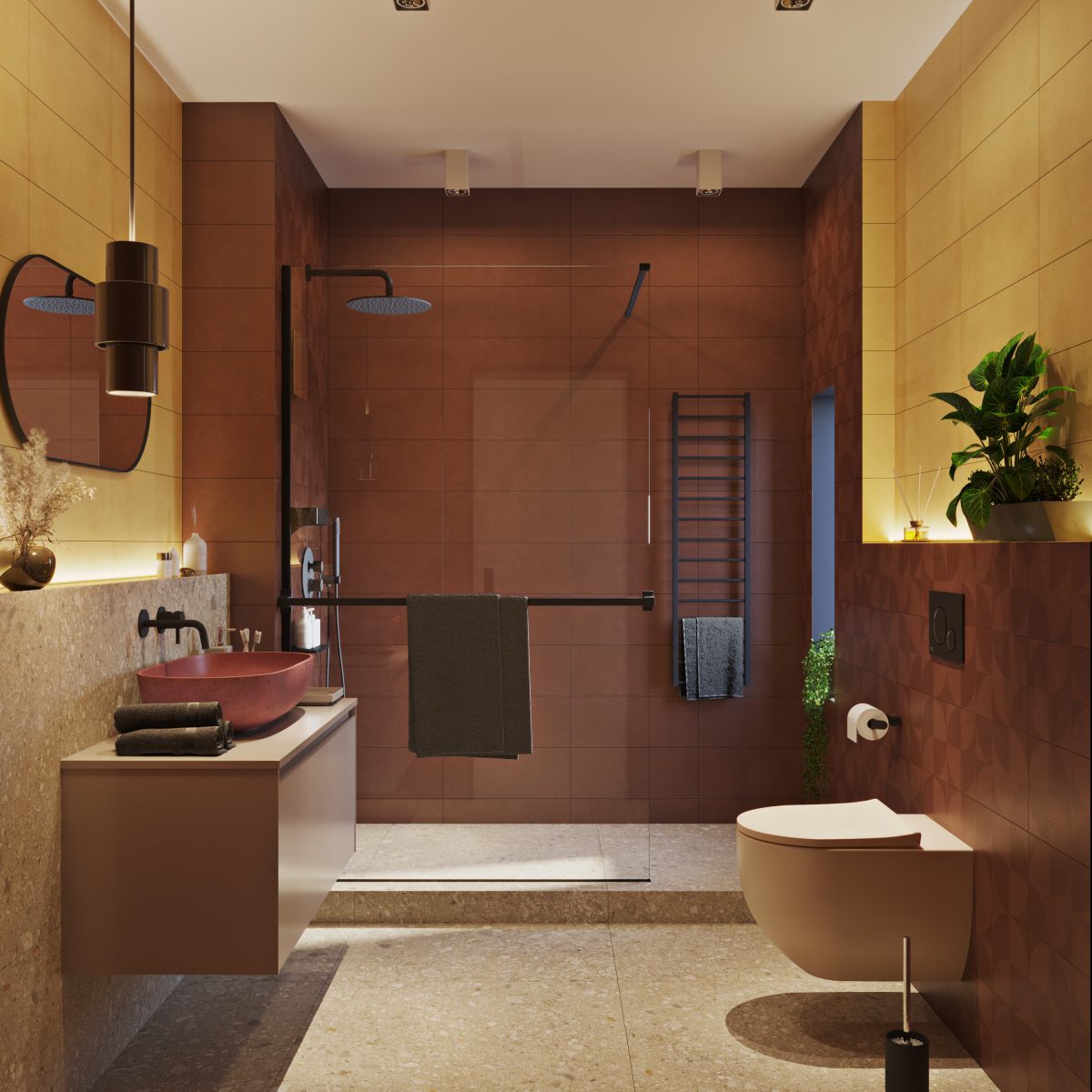 SIKO Barevná koupelna, terrazzo, zemité barvy, cihlová, žlutá, barevné umyvadlo, závěsné WC, walk in sprchový kout, černé baterie v koupelně