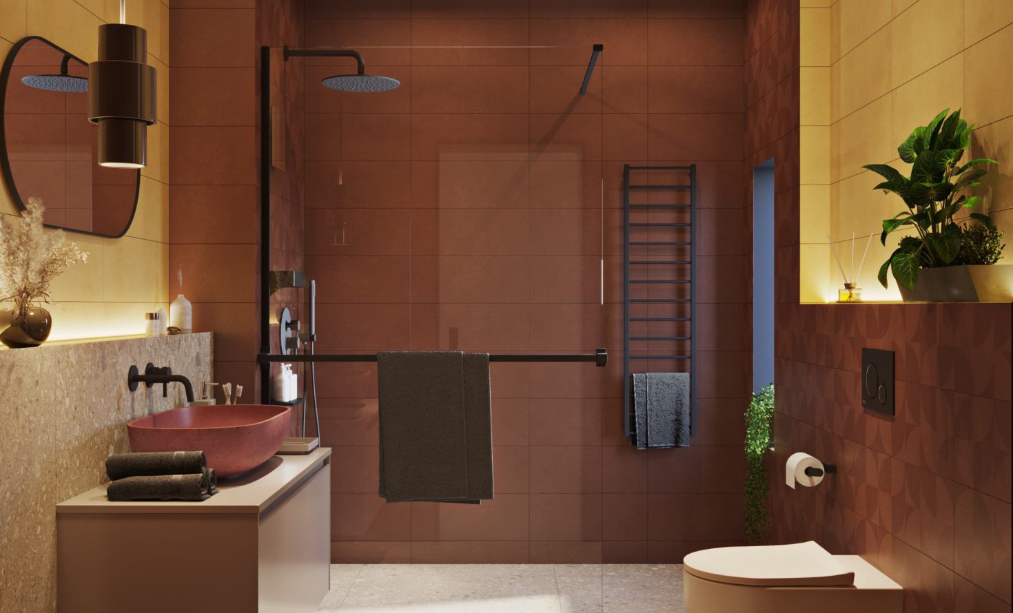 SIKO Barevná koupelna, terrazzo, zemité barvy, cihlová, žlutá, barevné umyvadlo, závěsné WC, walk in sprchový kout, černé baterie v koupelně