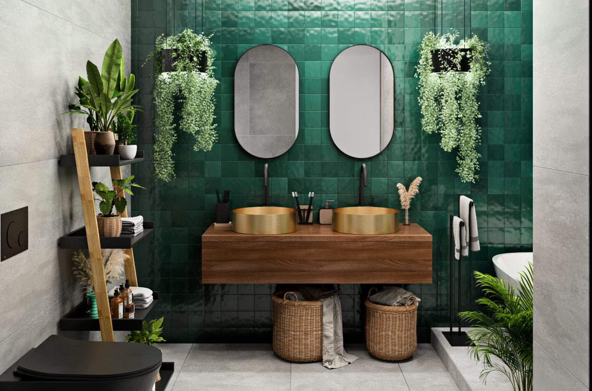 SIKO Barevná koupelna, trendy zelený obklad, závěsná dřevěná skříňka, měděná umyvadla na desku, sprcha walk in, regál v koupelně, květiny