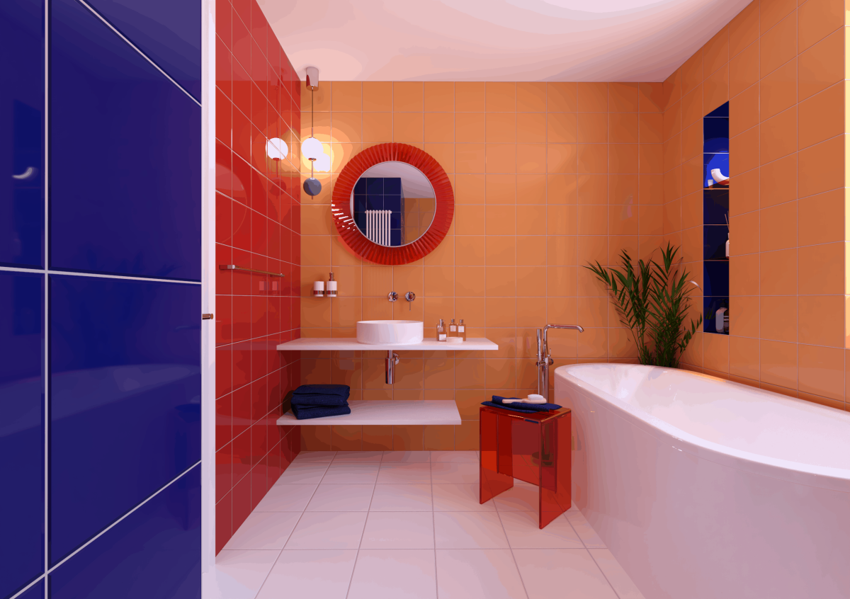 SIKO Barevná koupelna, výrazné barvy v koupelně, barevný obklad, volně stojící vana, umyvadlo na desku, bílá dlažba