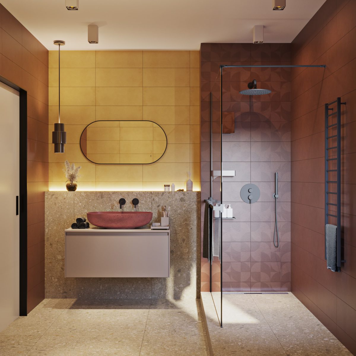 SIKO Barevná koupelna, zemité tóny, žlutá, cihlová, terrazzo, kámen v koupelně, závěsná skříňka, barevné umyvadlo, walk in sprcha