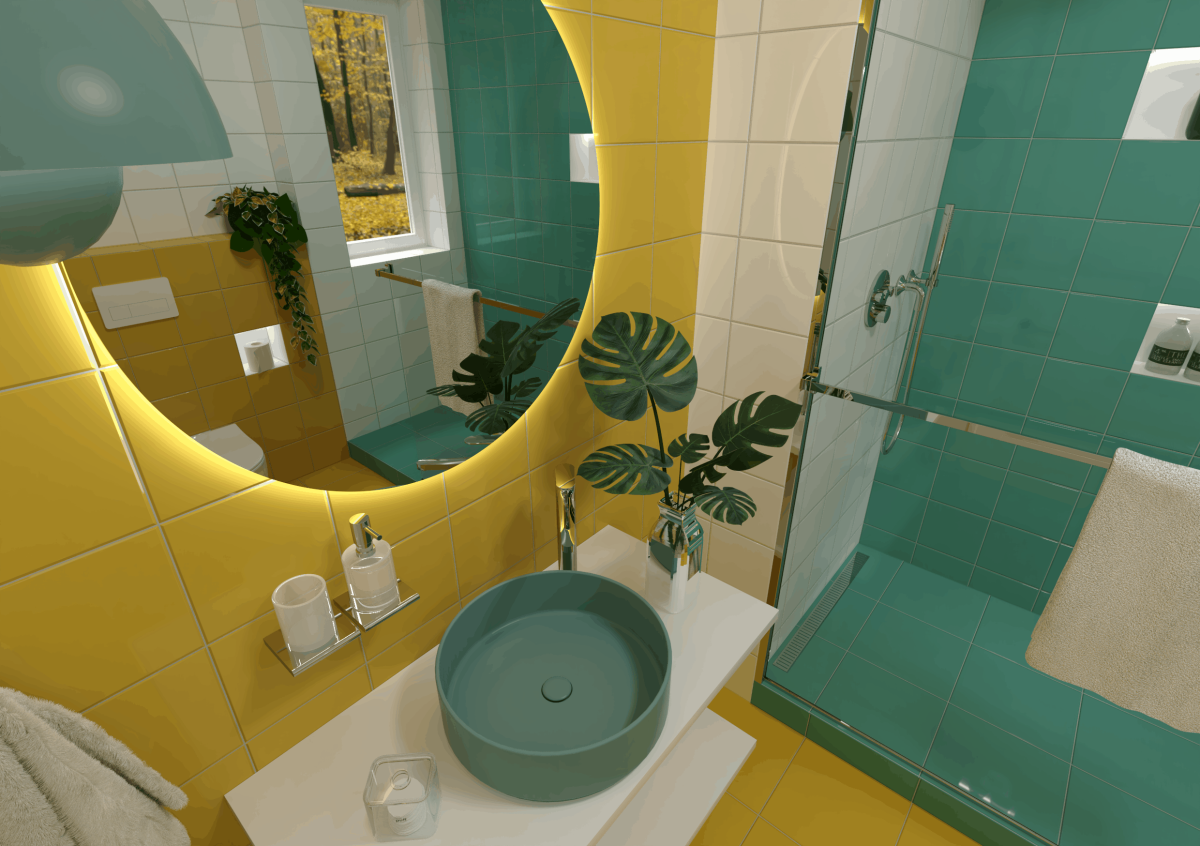 SIKO Barevná koupelna, žlutý, bílý, tyrkysový obklad, barevné modré umyvadlo na desku, kulaté zrcadlo s LED osvětlením