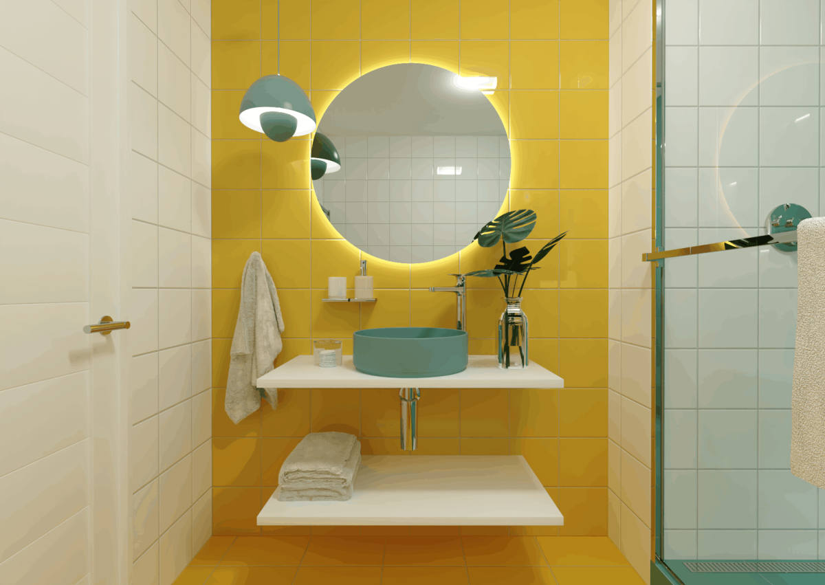 SIKO Barevná koupelna, žlutý obklad v koupelně, kulaté zrcadlo s LED, barevné umyvadlo na desku, bílý obklad