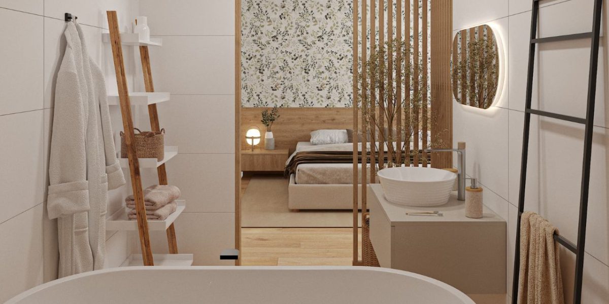 SIKO COVER Koupelna v ložnici, lamely v koupelně, volně stojící vana, regál v koupelně, dřevěná podlaha, obklady s květinovým tapetovým vzorem
