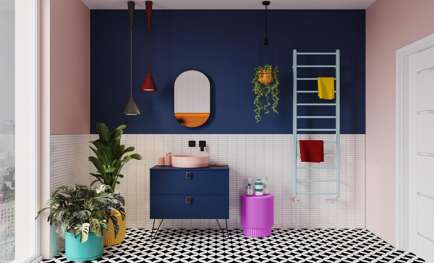 SIKO Farebná kúpeľňa, avantgardný štýl, farby v kúpeľni, biele obklady, čiernobiela dlažba, farebná kúpeľňová skrinka, farebné umývadlo