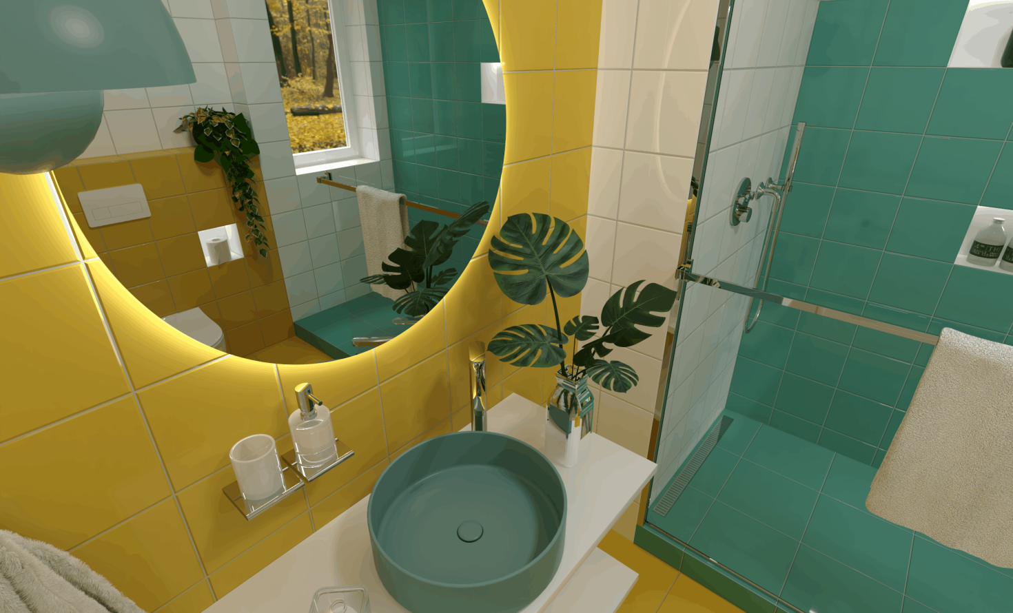 SIKO Farebná kúpeľňa, žltý, biely, tyrkysový obklad, farebné modré umývadlo na dosku, okrúhle zrkadlo s LED osvetlením