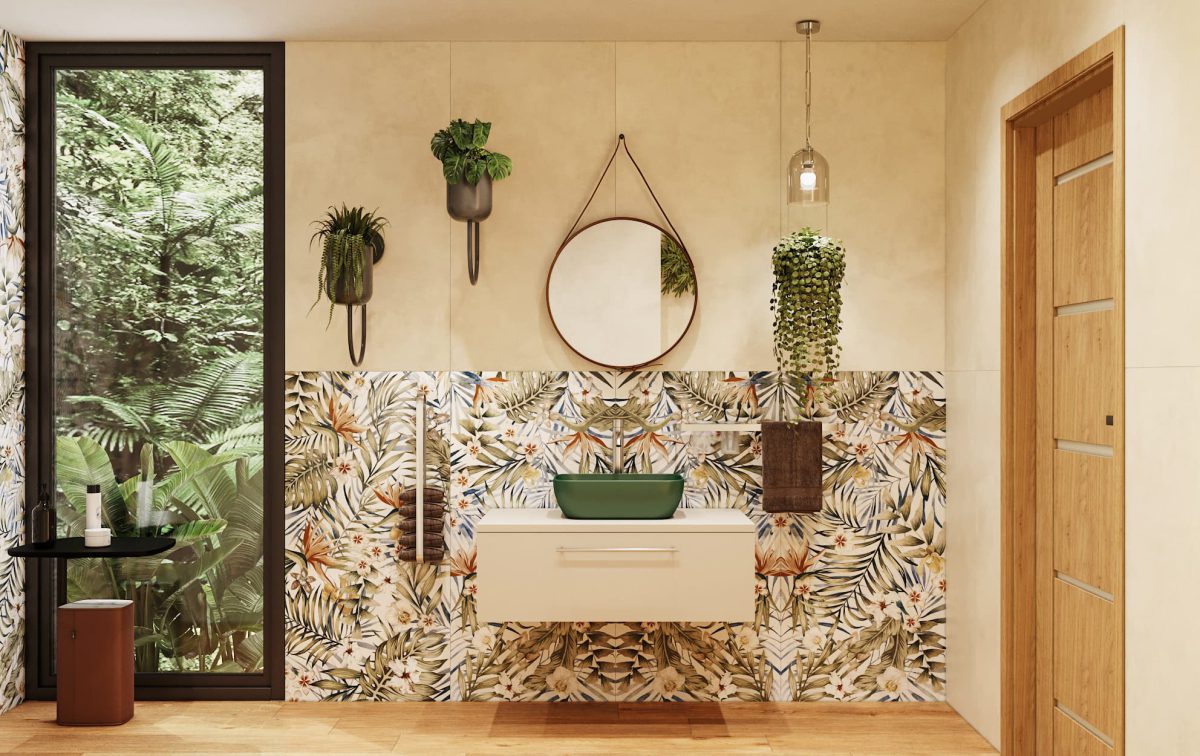 SIKO Jungle koupelna, nábytek na míru do koupelny, barevné umyvadlo, zrcadlo na řemenu, květinový obklad, dřevěná podlaha, okno v koupelně