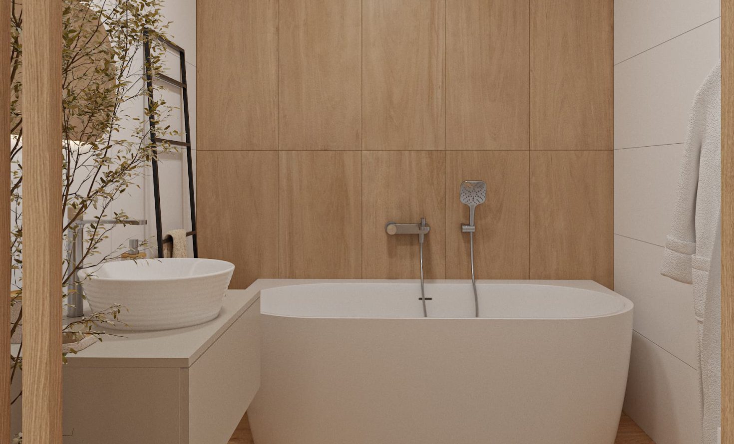 SIKO Koupelna v ložnici, volně stojící vana, dřevěná podlaha a dřevěný obklad, závěsná skříňka s umyvadlem na desku