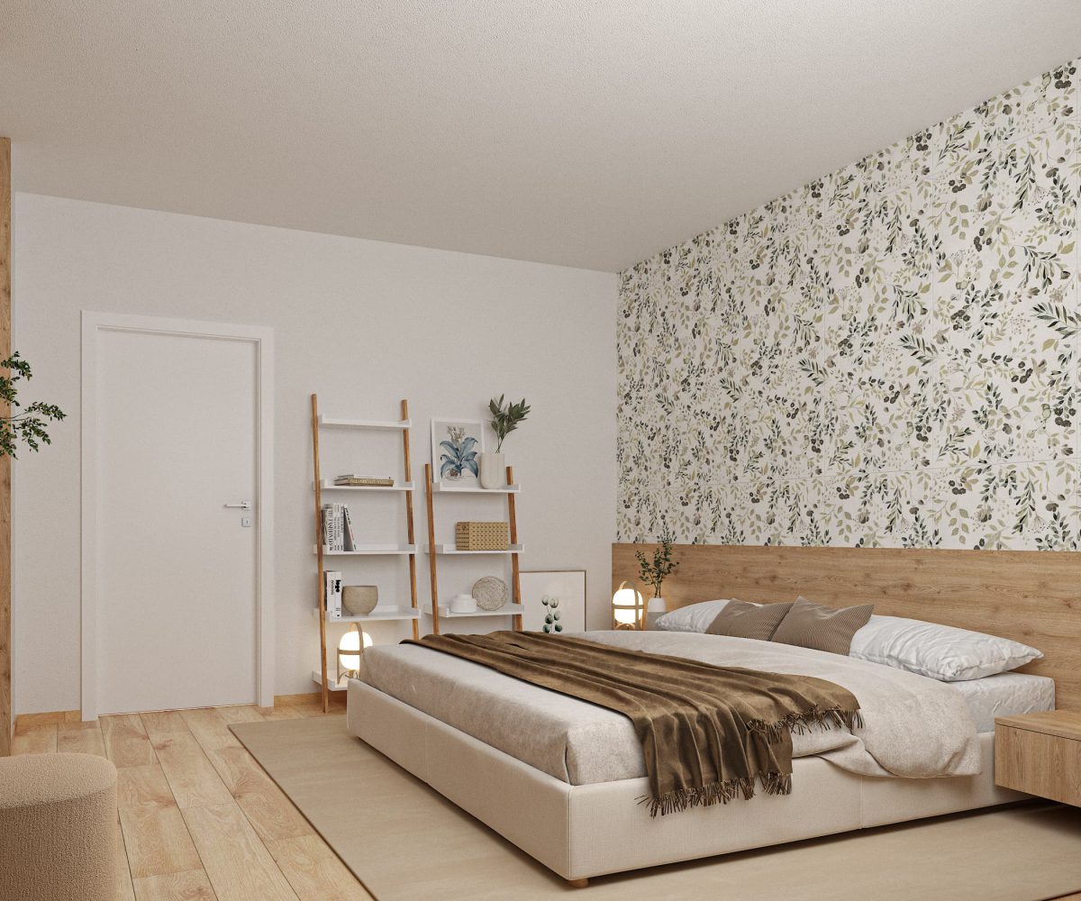 SIKO Ložnice, dřevěná dlažba, obkad s tapetovým květinovým vzorem, velká postel s dřevěným čelem, dřevěné regály s policemi